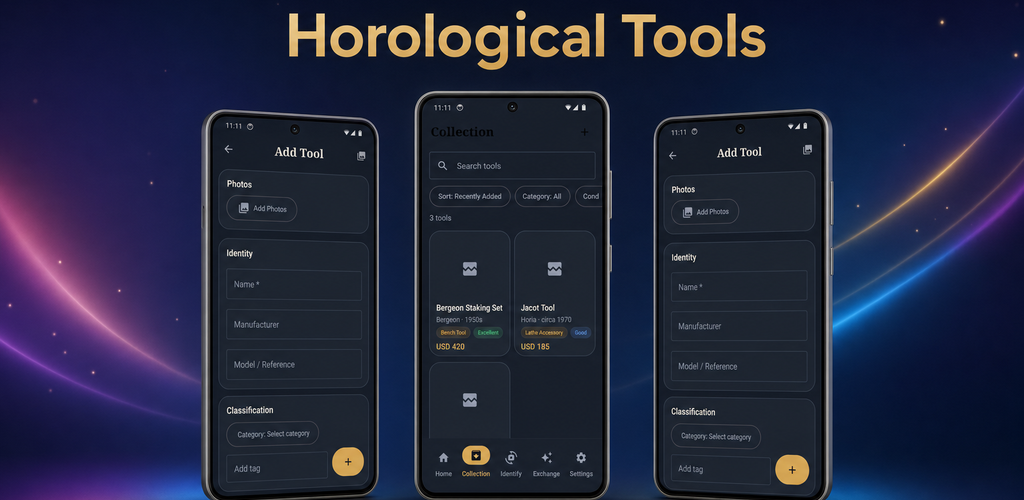 Horological Tools banner showing app screens