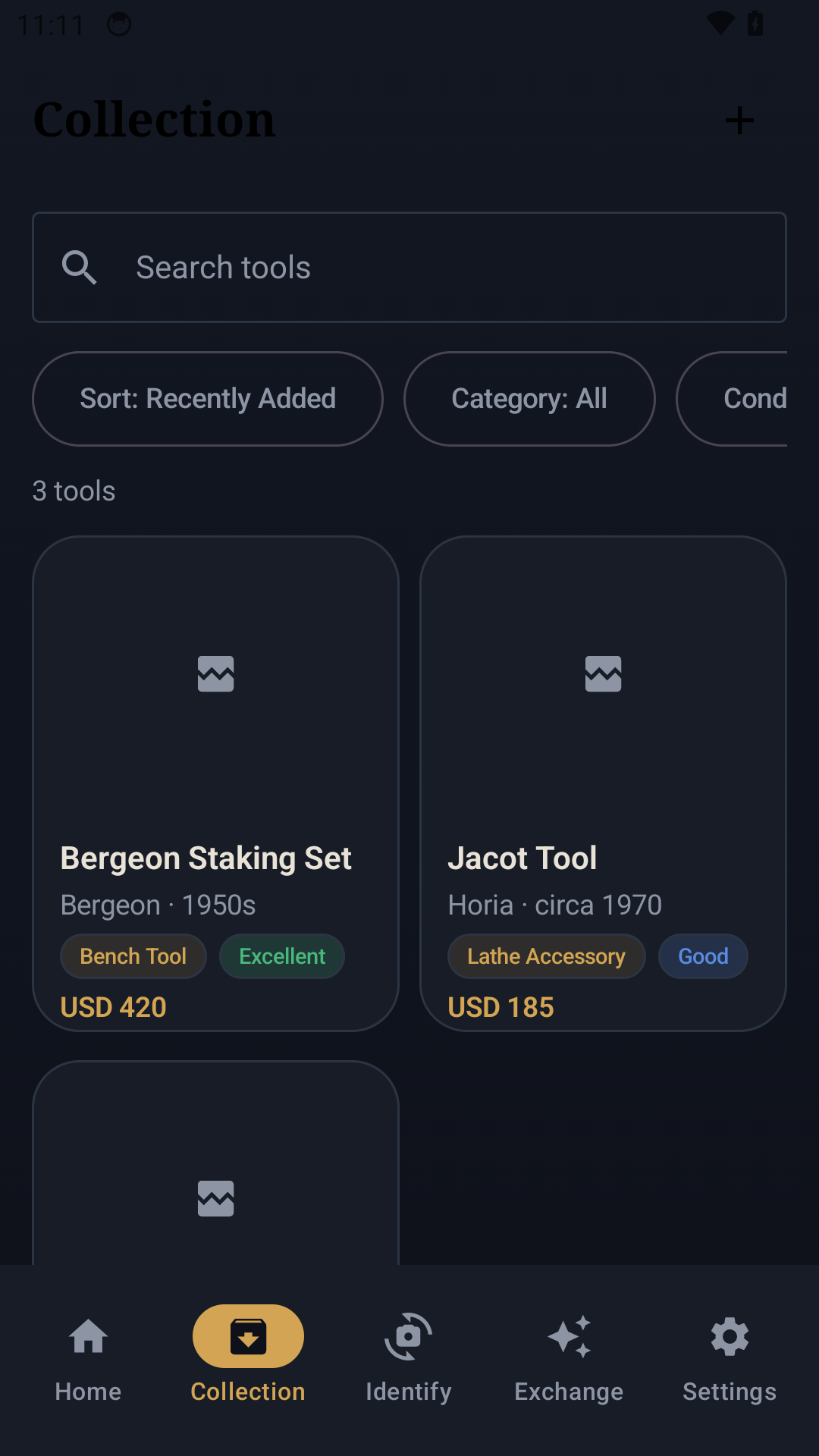 Horological Tools collection screen