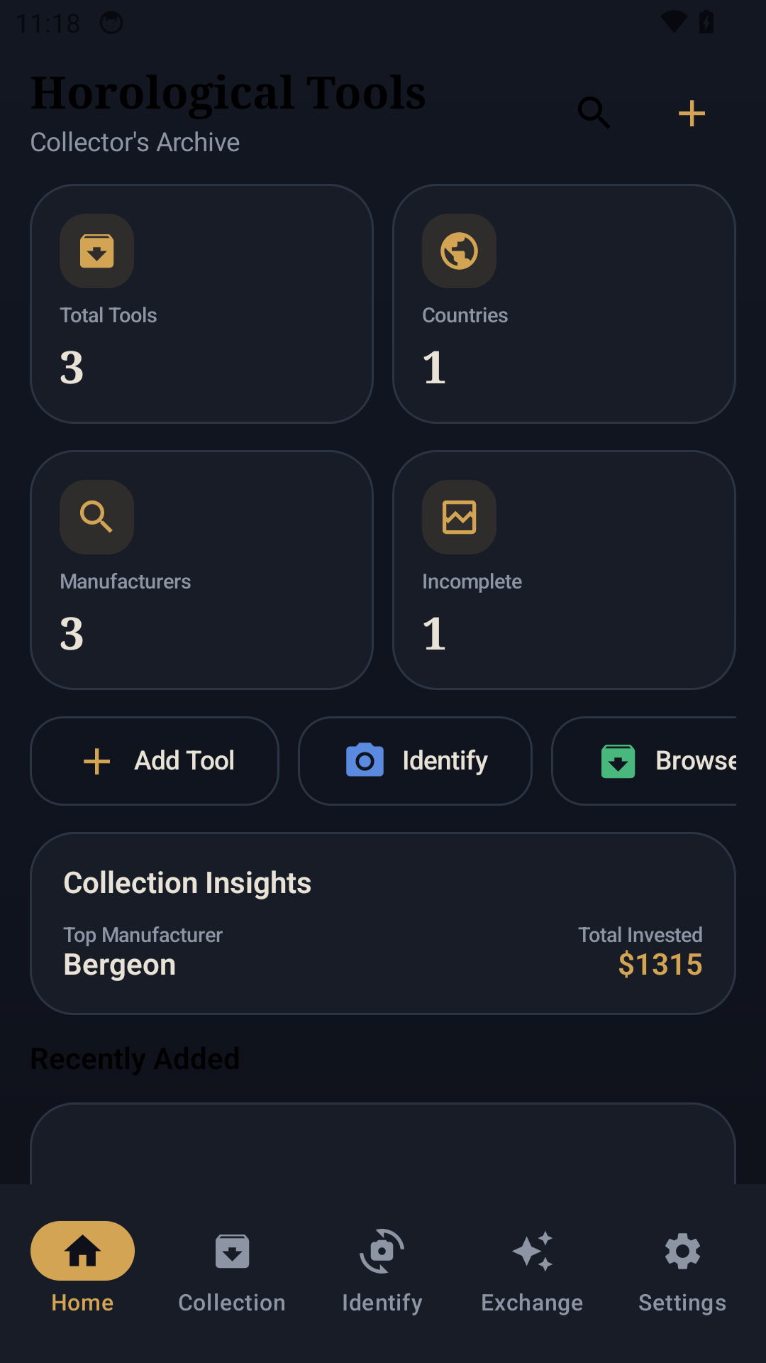 Horological Tools dashboard screen