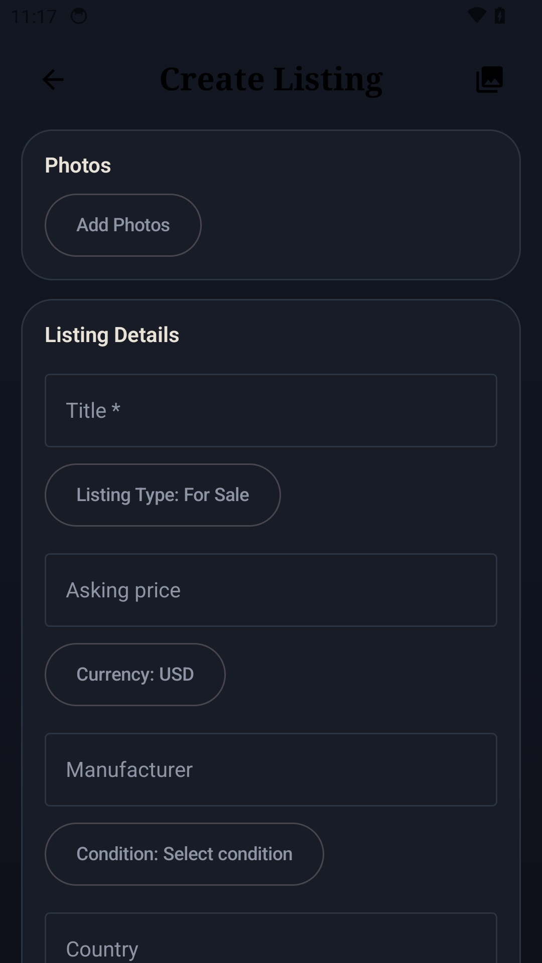 Create listing screen